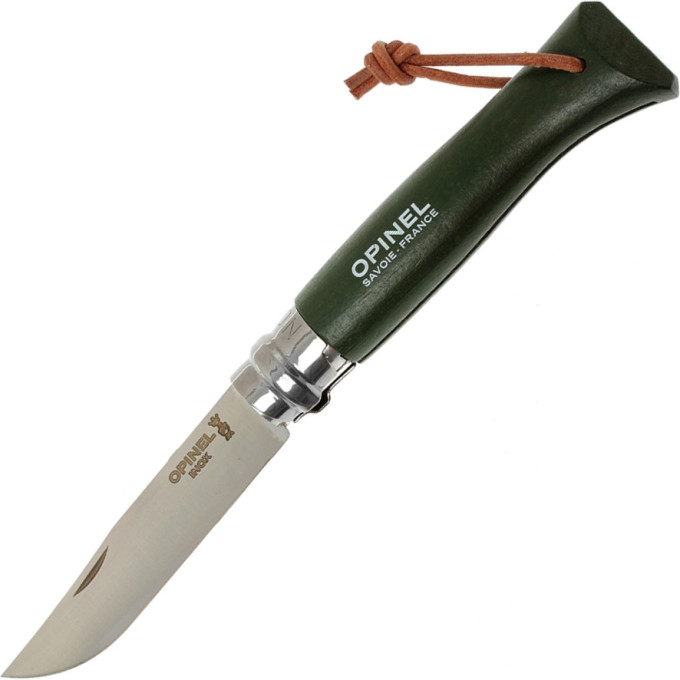 Нож Opinel №8 Trekking, нержавеющая сталь, кожаный темляк, хаки 001703
